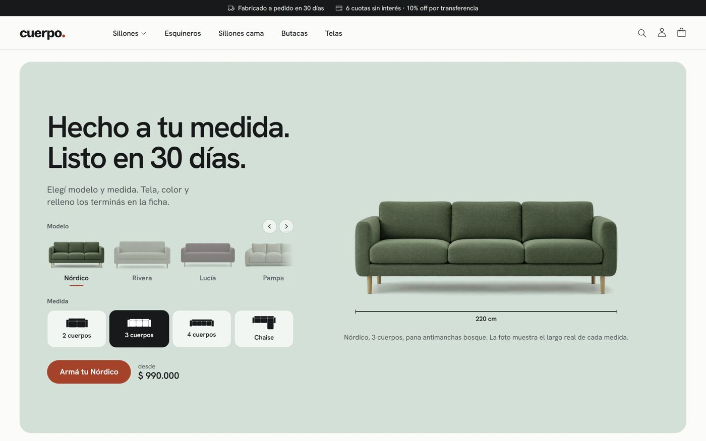 Tienda de muestra Cuerpo: elegís modelo y medida del sillón